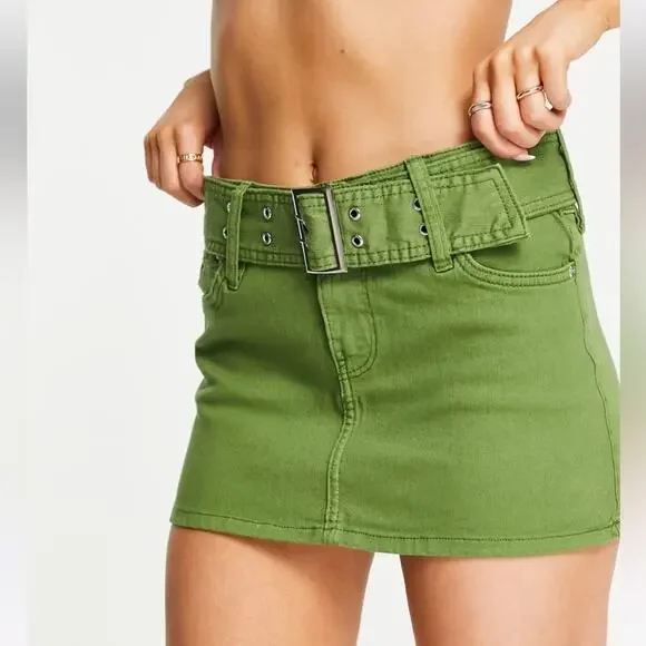 Bershka Micro 90s Buckle Detail Low Rise Ultra Mini Skirt In Khaki Green Size 6 - Picture 2 of 13